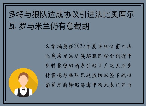 多特与狼队达成协议引进法比奥席尔瓦 罗马米兰仍有意截胡